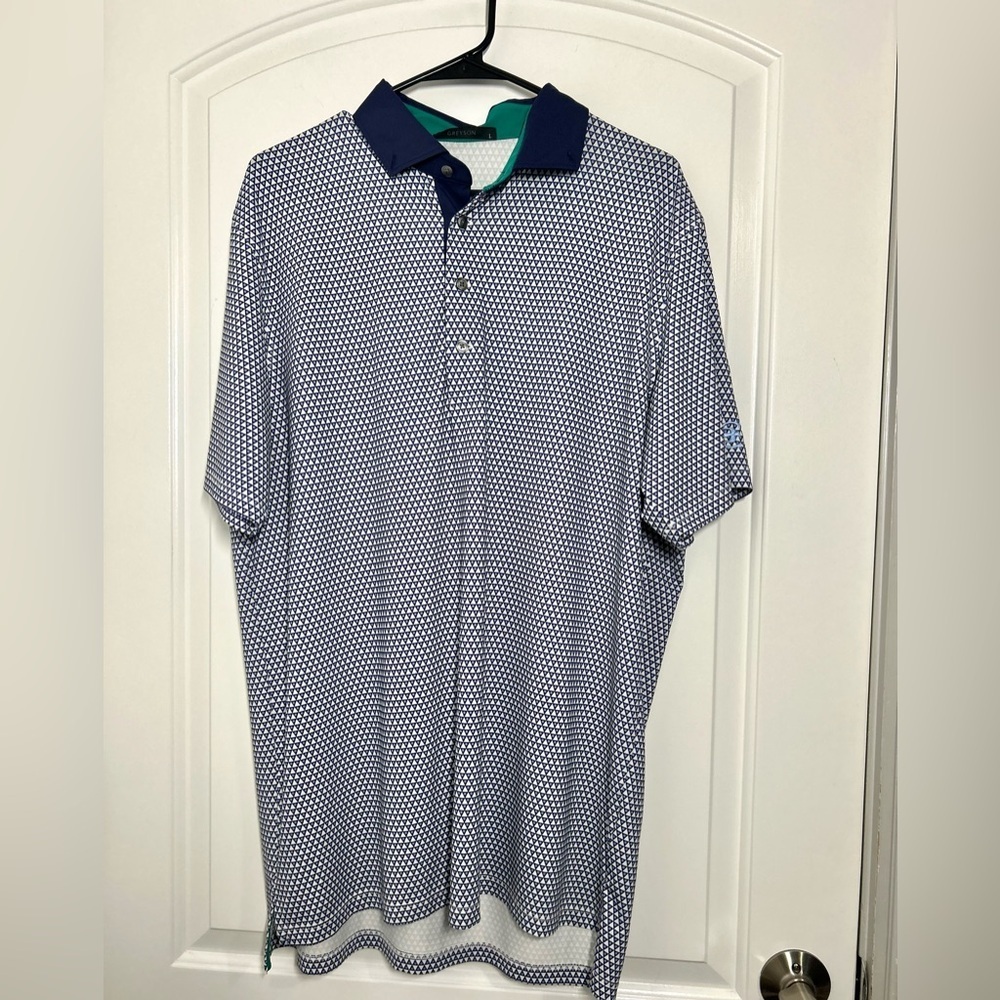 Greyson Men's Navy White Geometric Patterned Polo Shirt size large golf athletic